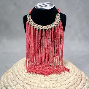 Handmade Kenyan Maasai Fringe Necklace Red Bead Brass Bronze Bib Statement NEW